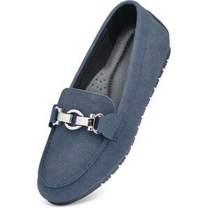 Womens Blue-nubuck Faux Suede Slip On Comfort Chunky Heel Lug Sole Loafers